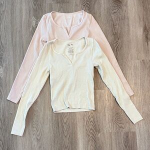 Hippie Rose Ribbed V-Notch Tops - Pink & Cream